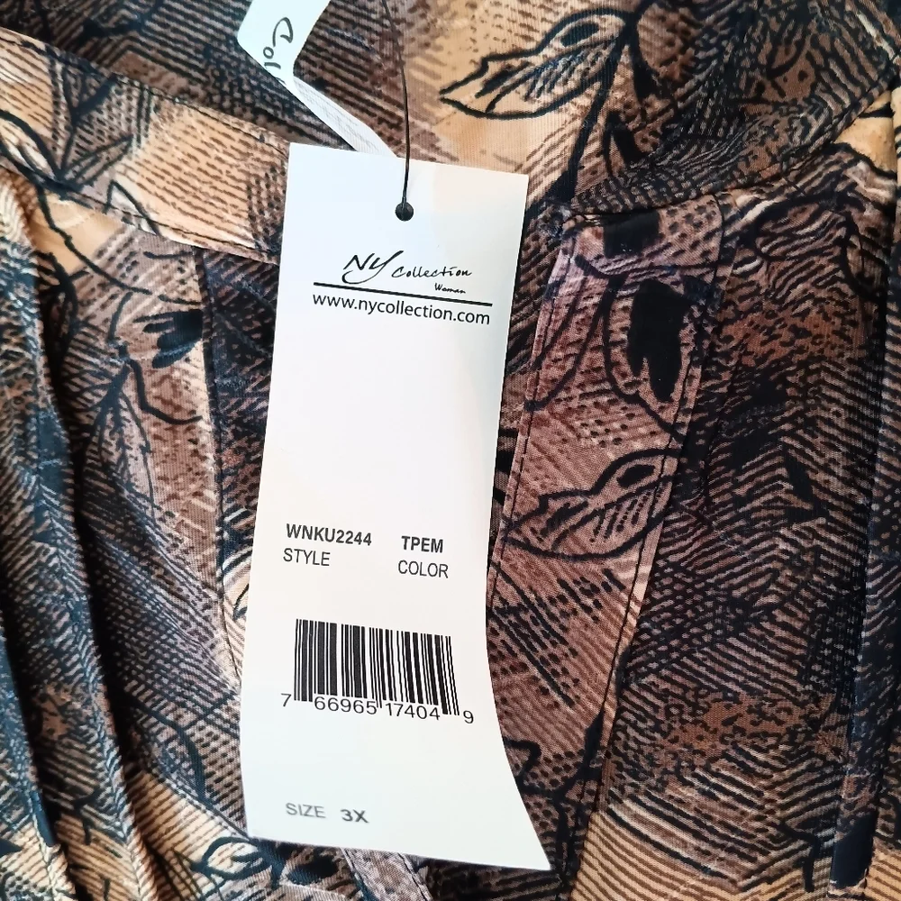 NY Collection Blouse Size‎ 3X V-Neck 3/4 Roll Tab Sleeve Mandarin Collar Browns - Picture 3 of 12